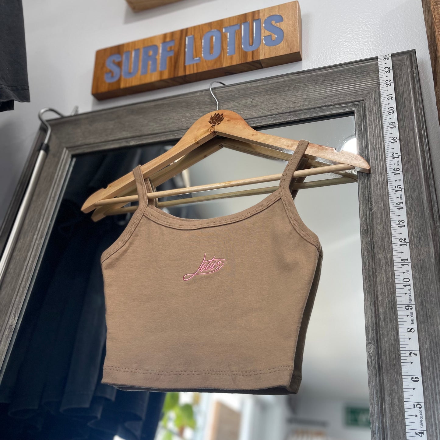 Lotus Embroidered Spaghetti Crop Tank - Latte