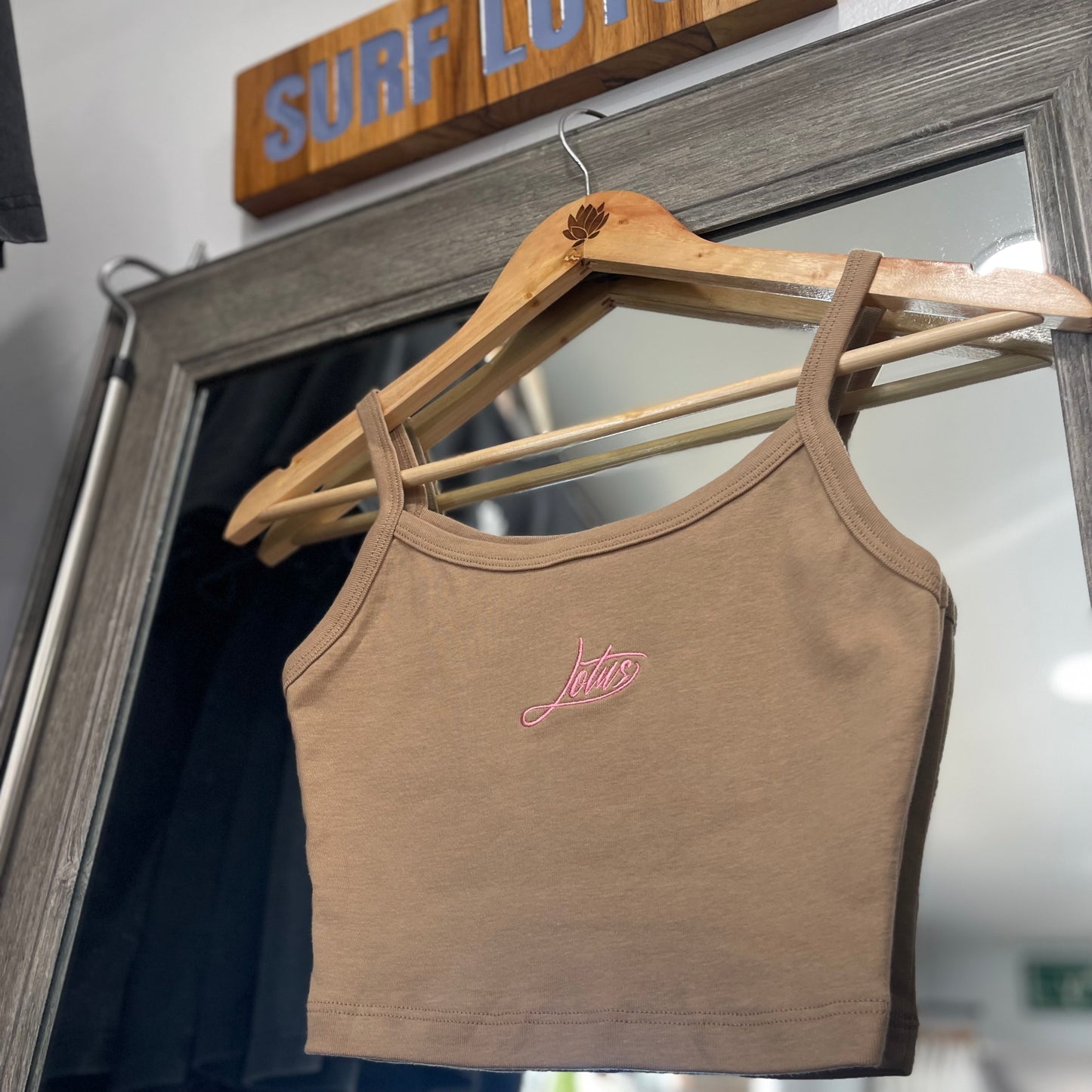 Lotus Embroidered Spaghetti Crop Tank - Latte