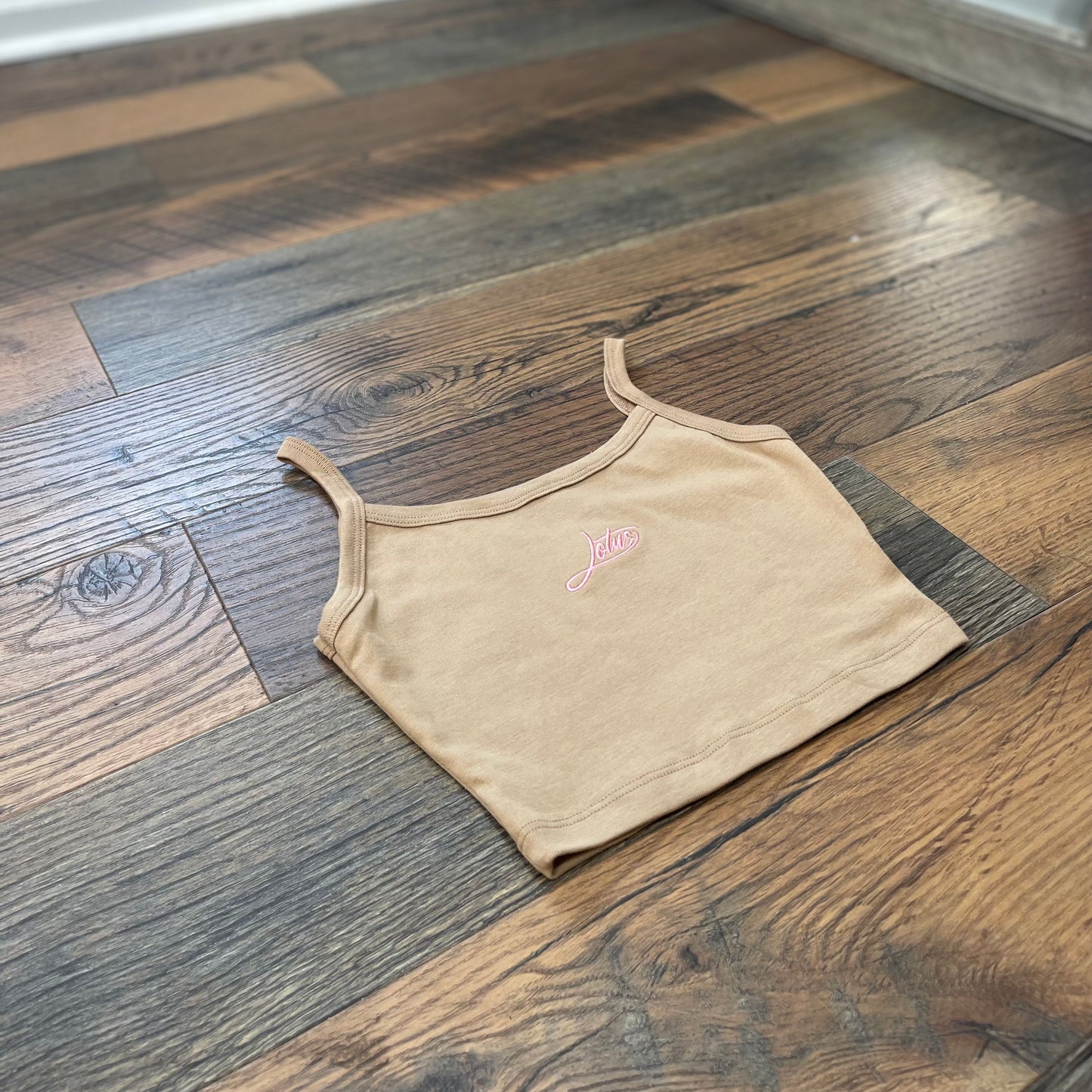 Lotus Embroidered Spaghetti Crop Tank - Latte
