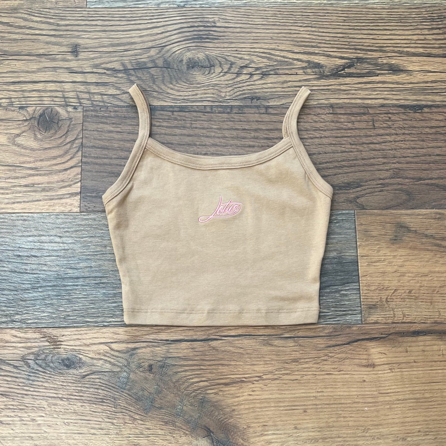 Lotus Embroidered Spaghetti Crop Tank - Latte