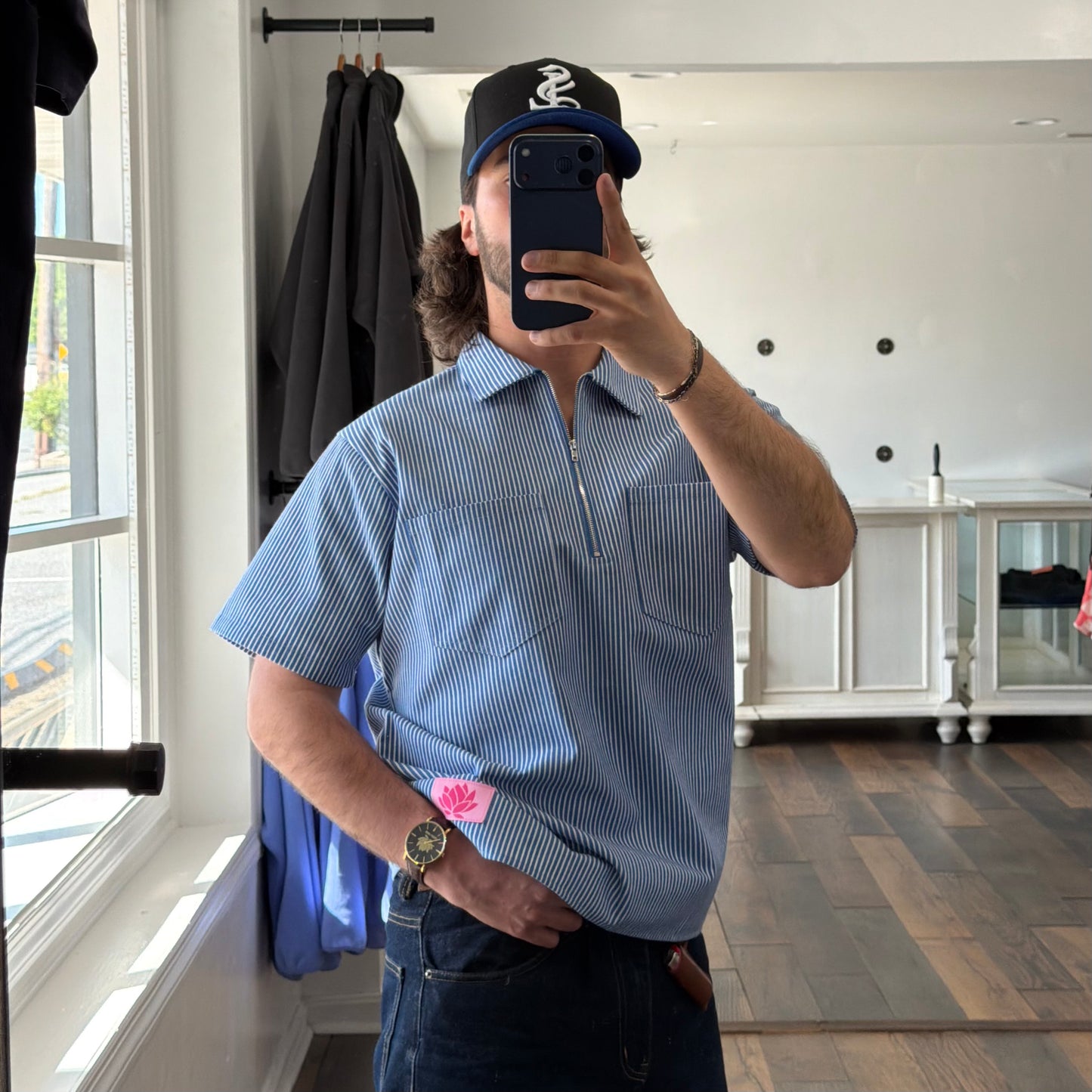 Hickory Zip-Up Short Sleeve Shirt - Blue