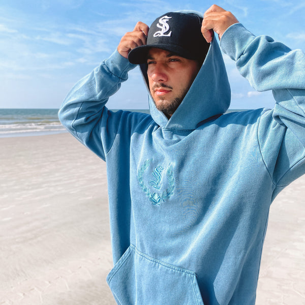 Lotus Crest - Embroidered Sweatsuit Top - Pebble Blue - Urban Pullover Hoodie