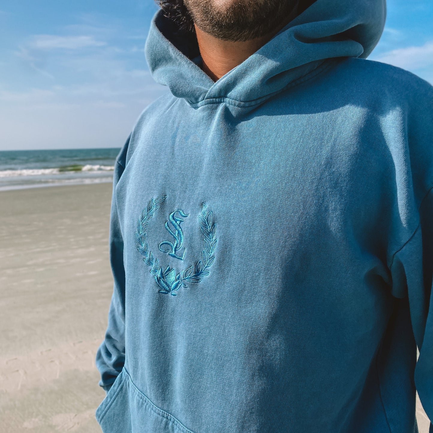 Lotus Crest - Embroidered Sweatsuit Top - Pebble Blue - Urban Pullover Hoodie