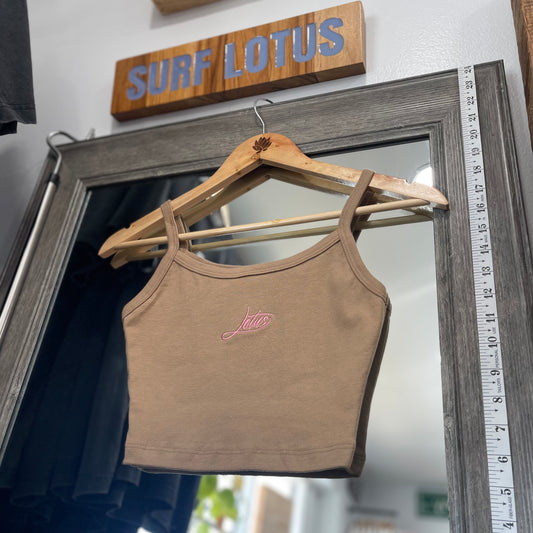 Lotus Embroidered Spaghetti Crop Tank - Latte