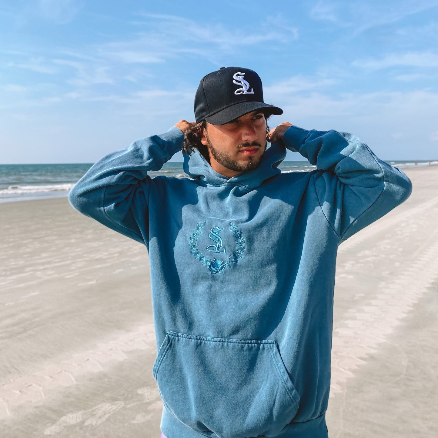 Lotus Crest - Embroidered Sweatsuit Top - Pebble Blue - Urban Pullover Hoodie