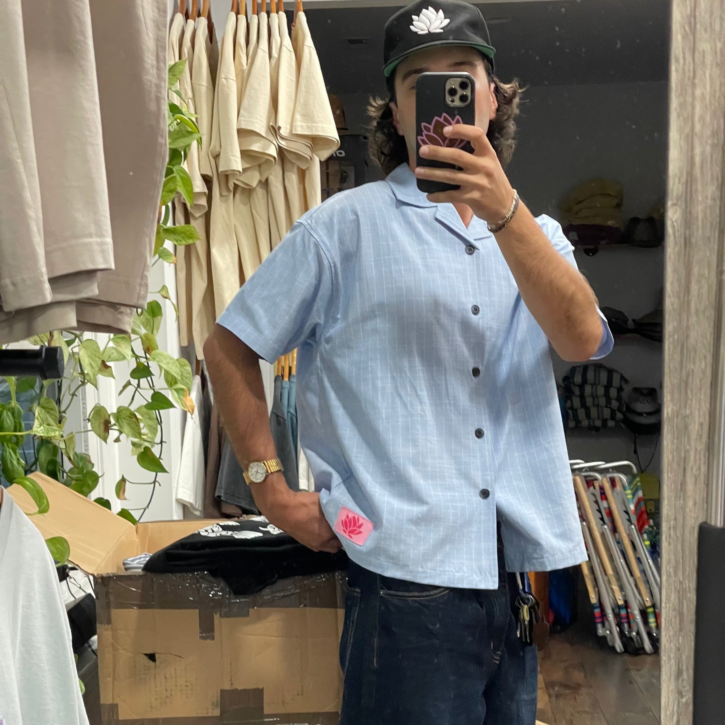 Lotus Stripped Bowling Shirt - Light Blue