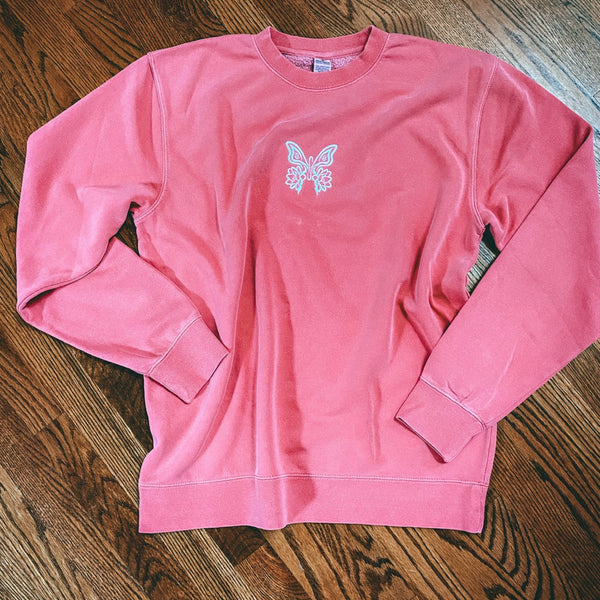 Embroidered Crew Neck - The Lotus Butterfly - Pink